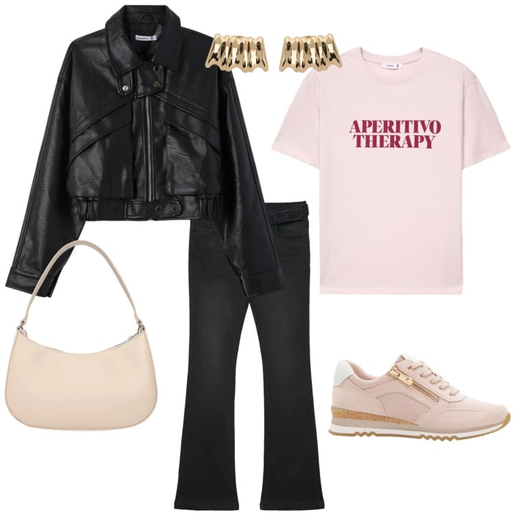 Outfit donna - Il rosa, delicato e casual. Stile Casual per Tutti i giorni. Abbinamento con sneakers, t-shirt, borse a tracolla, jeans a zampa, giacche, orecchini.