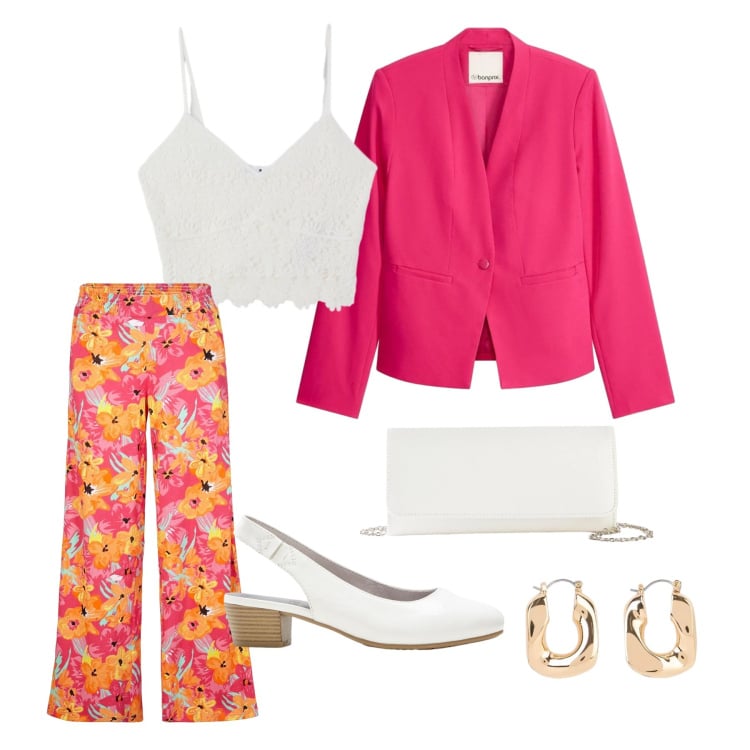 Outfit donna - Pink power, make up!. Stile Casual chic per Ufficio. look ideale per Tall. Abbinamento con pantaloni a palazzo, décolleté, pochette, orecchini, blazer, top.