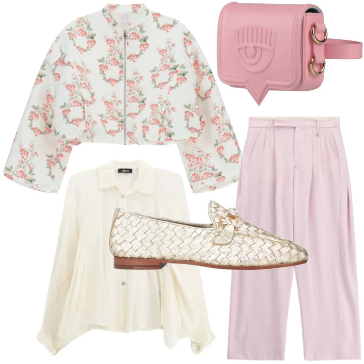 Outfit donna - Capi primaverili. Stile Casual per Tutti i giorni. Abbinamento con marsupi, mocassini, bomber, pantaloni a palazzo, camicie.