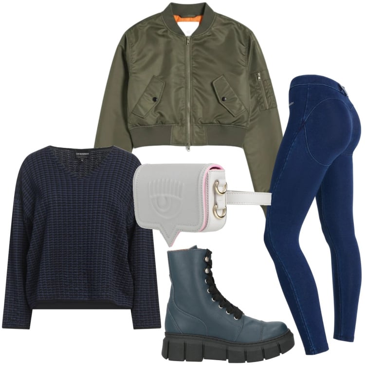 Outfit donna - Capi casual. Stile Casual per Tutti i giorni. Abbinamento con stivaletti, marsupi, pullovers, bomber, leggings sportivo.