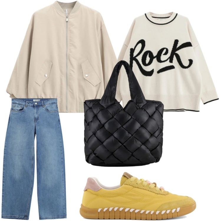 Outfit donna - Casual. Stile Casual per Tutti i giorni. Abbinamento con jeans, bomber, borse tote, maglieria, sneakers.