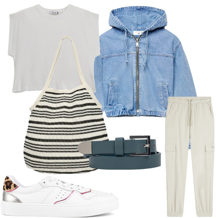 Outfit donna - Bomber in denim. Stile Minimal per Tutti i giorni. Abbinamento con top, pantaloni cargo, bomber, sneakers, shopping bag, cinture.