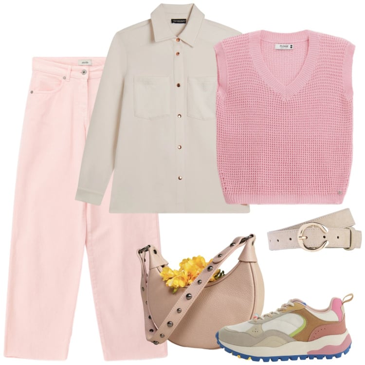 Outfit donna - Marzo rosa. Stile Casual per Scuola/Università. Abbinamento con cinture, top, jeans, sneakers, borse a spalla, camicie.