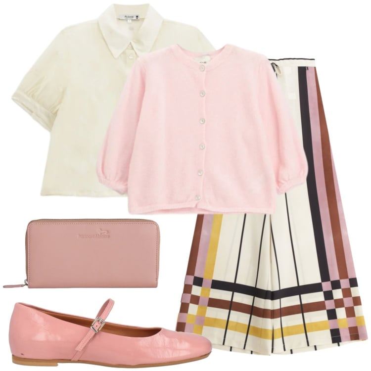 Outfit donna - Rosa & righe. Stile Casual chic per Tutti i giorni. Abbinamento con ballerine, portafogli, camicie a manica corta, cardigans, pantaloni a palazzo.