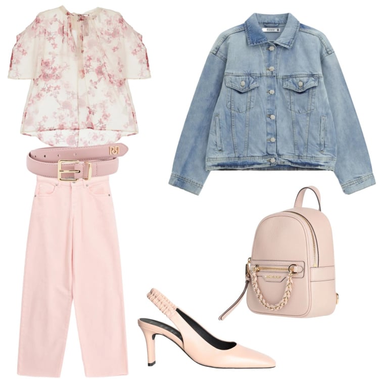 Outfit donna - Primavera pastello. Abbinamento con décolleté, zaini, blazer, cinture, bluse, jeans.