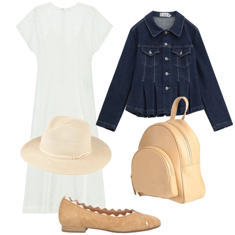 Outfit donna - Pranzo in campagna. Stile Romantica per Tutti i giorni. Abbinamento con cappelli, zaini, ballerine, blazer, vestiti midi/longuette.