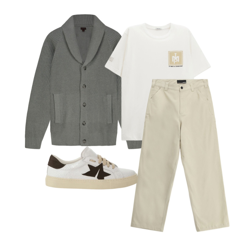 Outfit uomo - Marzo. Stile Casual per Ufficio. Abbinamento con t-shirt, pantaloni, sneakers, cardigans.