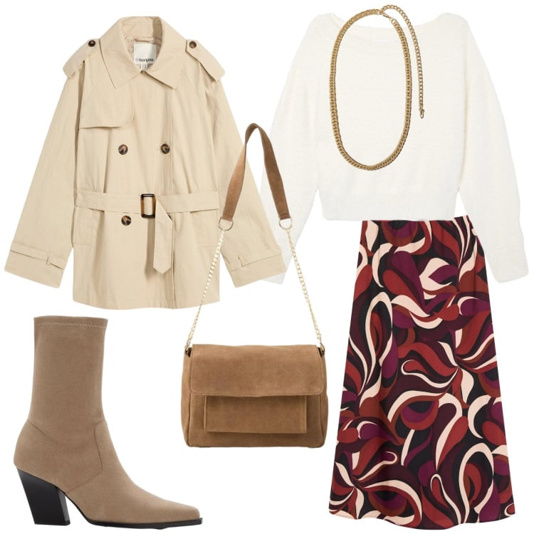 Outfit donna - Look da weekend primaverile. Stile Casual chic per Tutti i giorni. Abbinamento con trench, gonne longuette, stivaletti, borse a tracolla, maglieria, collane.