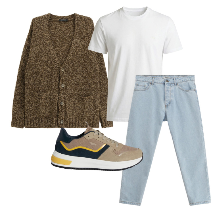 Outfit uomo - Marzo. Stile Casual per Tutti i giorni. Abbinamento con sneakers, t-shirt, jeans, cardigans.