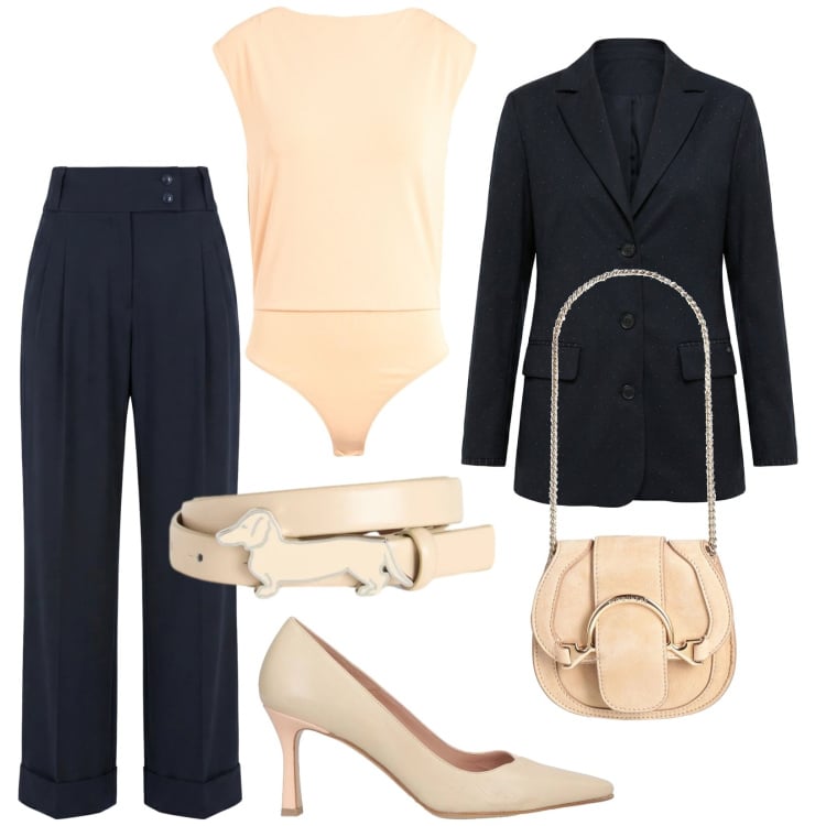 Outfit donna - Riunione. Stile Bon Ton per Ufficio. Abbinamento con décolleté, marsupi, body, pantaloni, blazer, cinture.