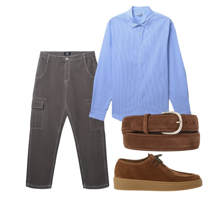 Outfit uomo - Marzo. Stile Casual per Ufficio. Abbinamento con scarpe stringate, pantaloni cargo, camicie, cinture.