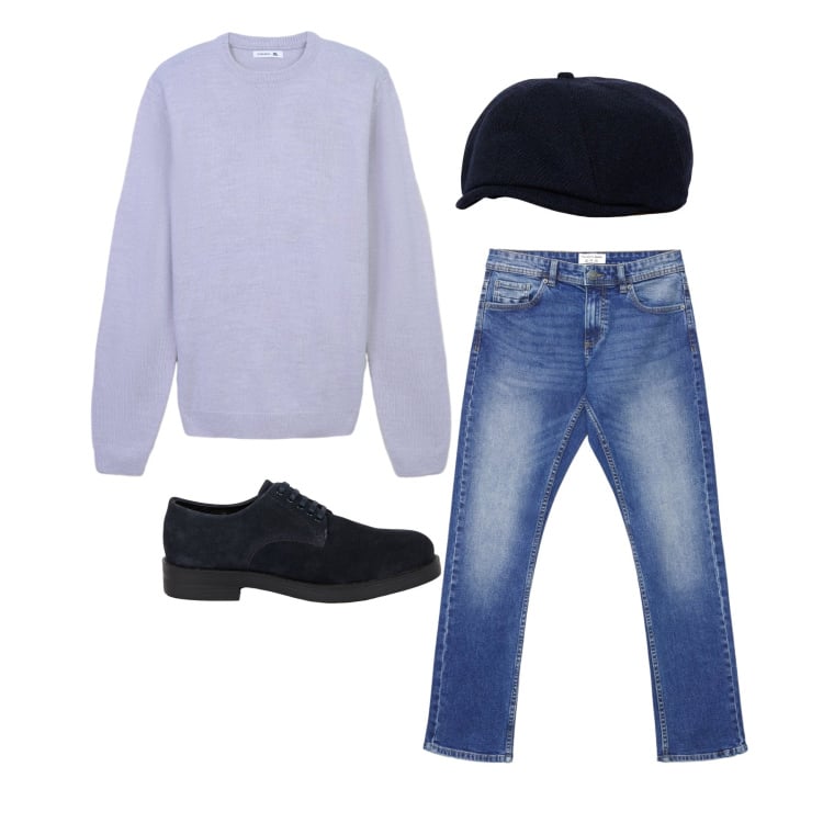 Outfit uomo - Marzo. Stile Trendy per Tutti i giorni. Abbinamento con maglieria, jeans, scarpe stringate, cappelli con visiera.