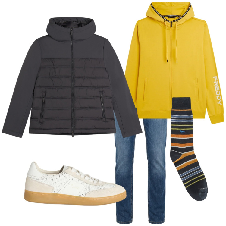 Outfit uomo - Total look #2367122. Stile Casual per Tutti i giorni. Abbinamento con sneakers, jeans, calzini, piumini, felpe con cappuccio.