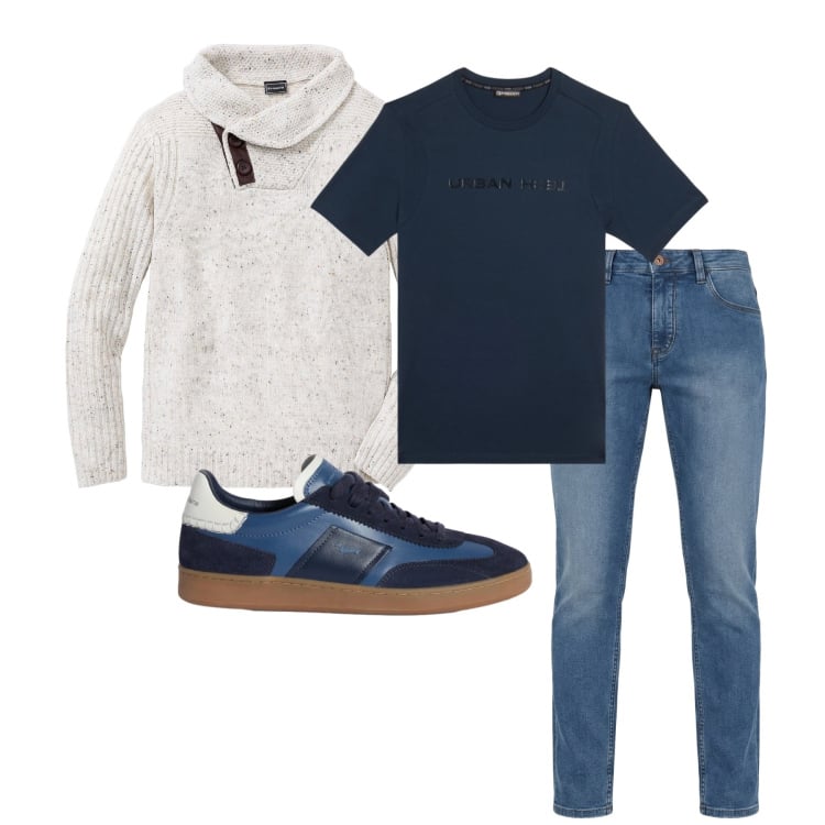 Outfit uomo - Marzo. Stile Casual per Tutti i giorni. Abbinamento con maglieria, sneakers, jeans, t-shirt.