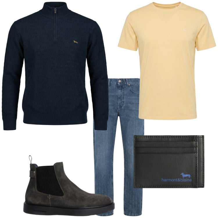 Outfit uomo - Total look #2367124. Stile Casual per Tutti i giorni. Abbinamento con portafogli, jeans, stivali e stivaletti, t-shirt, pullovers.