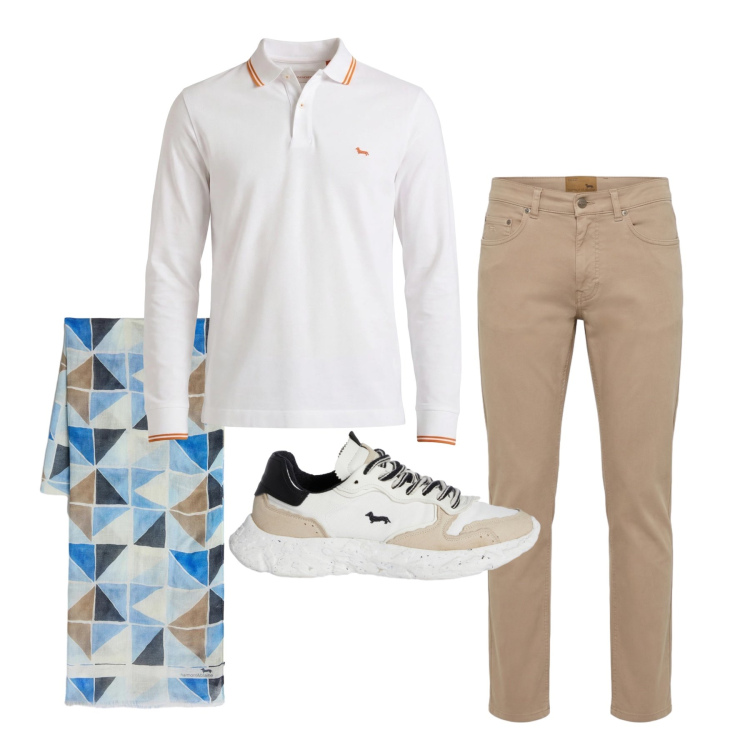 Outfit uomo - Marzo. Stile Trendy per Tutti i giorni. Abbinamento con sciarpe, sneakers, polo, pantaloni.