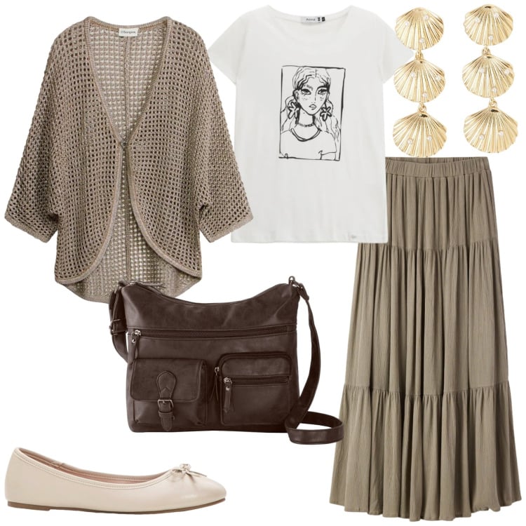 Outfit donna - Boho vibes. Stile Boho per Tutti i giorni. Abbinamento con cardigans, ballerine, borse a tracolla, gonne lunghe, orecchini, t-shirt.