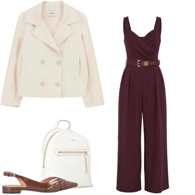 Outfit donna - Chic Bordeaux. Stile Casual chic per Tutti i giorni. Abbinamento con ballerine, zaini, tute, blazer.