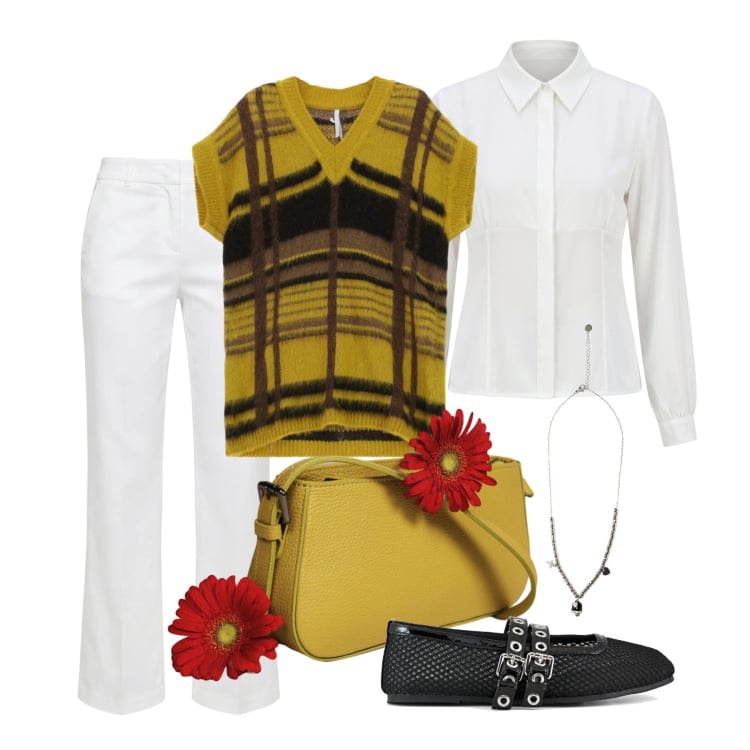 Outfit donna - Marzo. Stile Glamour per Tutti i giorni. Abbinamento con pantaloni, camicie, maglieria, borse a spalla, ciondoli, ballerine.