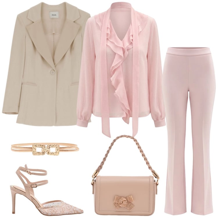 Outfit donna - Total look #2367151. Stile Chic per Tutti i giorni. Abbinamento con pantaloni, pochette, décolleté, cinture, bluse, blazer.
