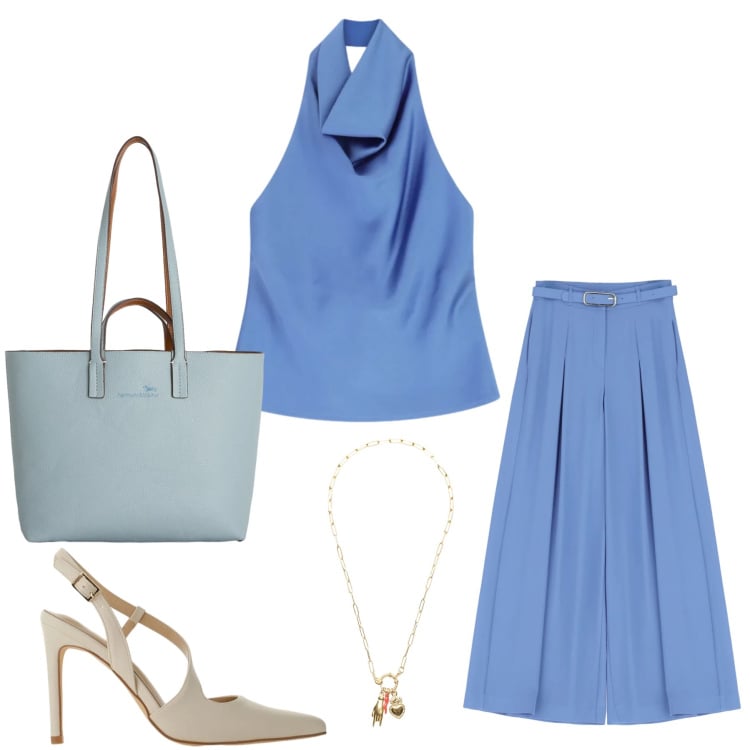 Outfit donna - Eleganza Fluida e Glamour. Stile Casual chic per Tutti i giorni. Abbinamento con shopping bag, pantaloni a palazzo, top, décolleté, ciondoli.