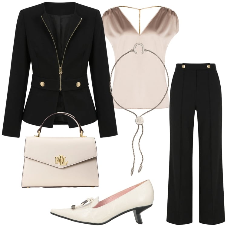 Outfit donna - Rinascimento cerimonia. Stile Chic per Cerimonia. Abbinamento con décolleté, blazer, top, pantaloni, braccialetti con ciondoli, borse a mano.
