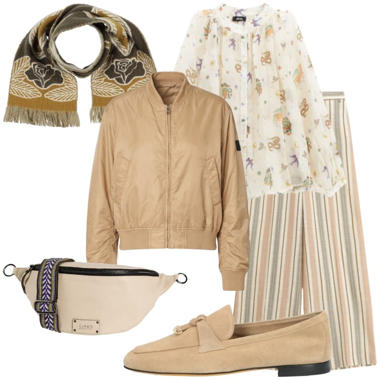 Outfit donna - Toni chiari e comodità. Stile Casual chic per Tutti i giorni. Abbinamento con marsupi, sciarpe, mocassini, bomber, pantaloni a palazzo, camicie.