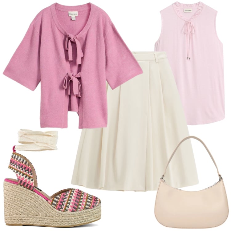 Outfit donna - Petali di Primavera. Stile Romantica per Tutti i giorni. Abbinamento con cardigans, top, borse a tracolla, pantaloni, zeppe.