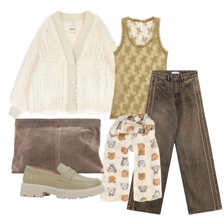 Outfit donna - Marzo. Stile Trendy per Tutti i giorni. Abbinamento con mocassini, canottiere, blazer, jeans, foulard, pochette.