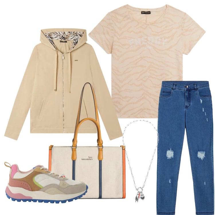 Outfit donna - Stile Everyday tra Sabbia e Denim. Stile Casual chic per Tutti i giorni. Abbinamento con borse tote, sneakers, felpe con cappuccio, jeans skinny, ciondoli, t-shirt.