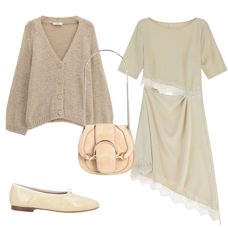 Outfit donna - Un look trendy, delicato e femminile. Stile Trendy per Serata fuori. Abbinamento con marsupi, ballerine, vestiti asimmetrici, cardigans.