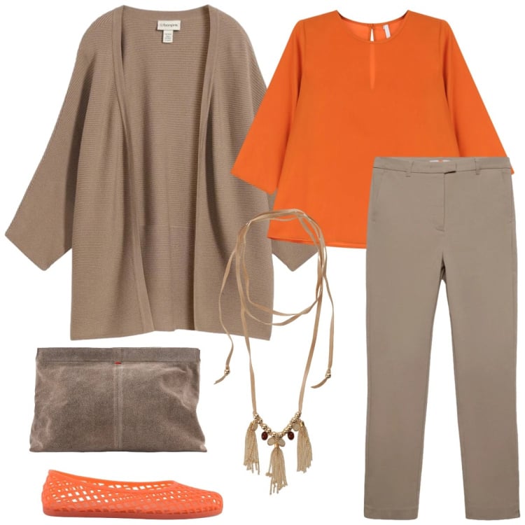 Outfit donna - Total look #2367176. Stile Casual per Tutti i giorni. Abbinamento con cardigans, pantaloni skinny, top, collane, pochette, ballerine.