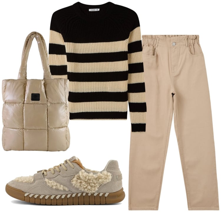 Outfit donna - Total look #2367180. Stile Basic per Tutti i giorni. Abbinamento con pantaloni, maglieria, shopping bag, sneakers.