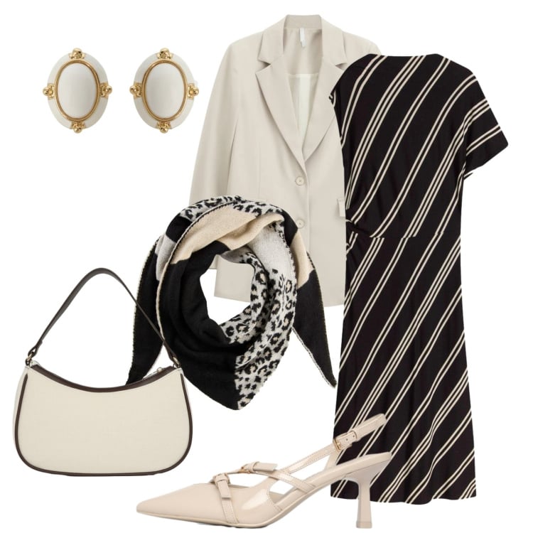 Outfit donna - Abito a righe. Stile Casual chic per Ufficio. Abbinamento con vestiti midi/longuette, foulard, décolleté, borse a tracolla, blazer, orecchini.