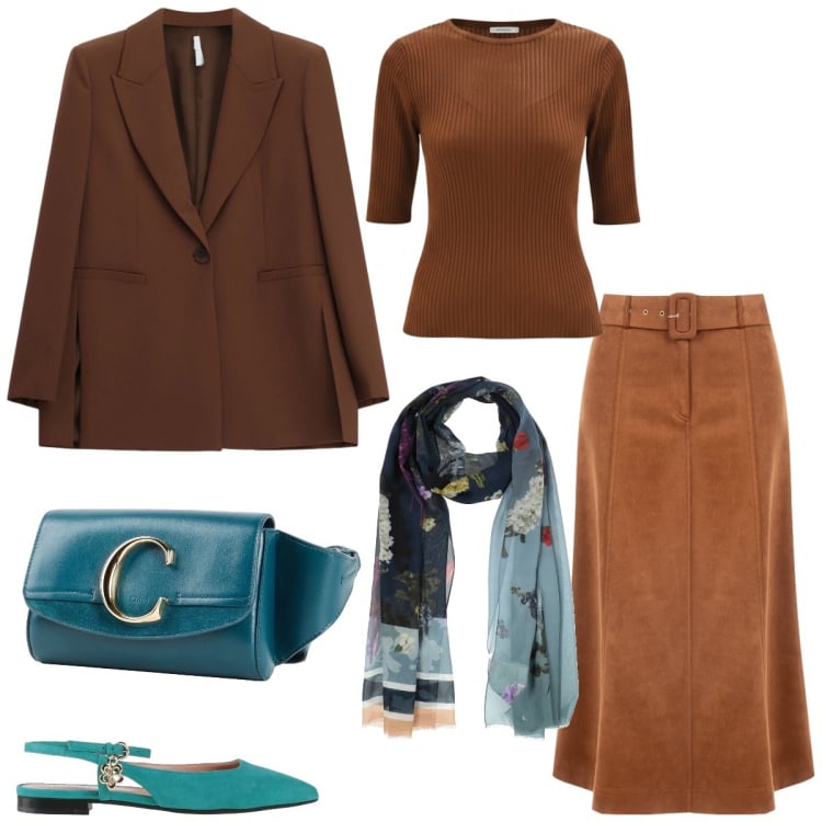 Outfit donna - Total look #2367198. Stile Casual chic per Tutti i giorni. Abbinamento con marsupi, sciarpe, ballerine, t-shirt, gonne longuette, blazer.