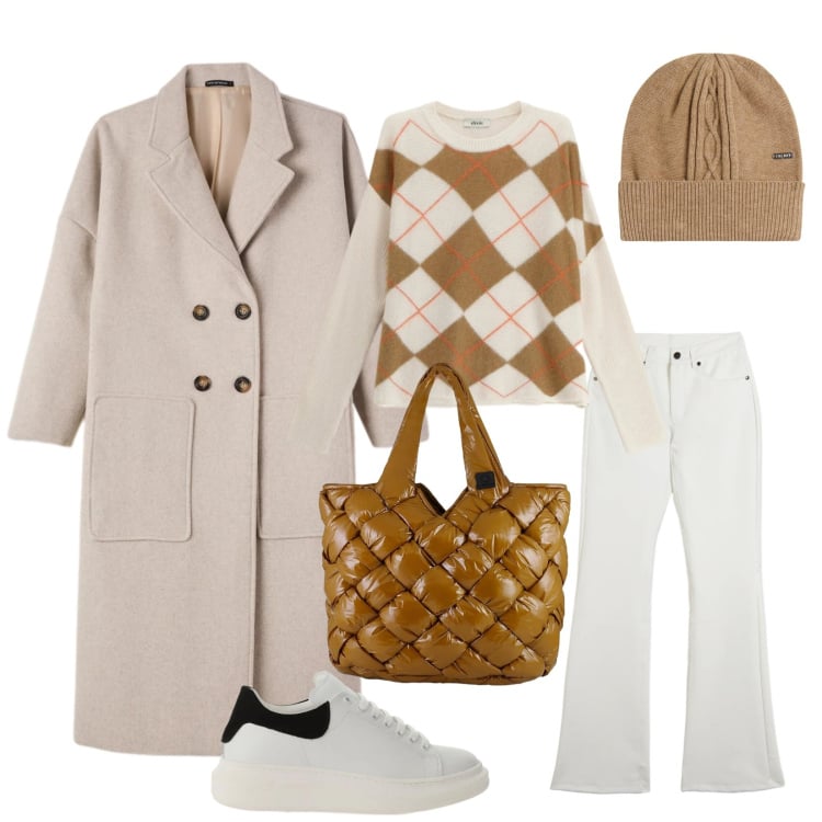 Outfit donna - Total look #2367220. Stile Casual chic per Tutti i giorni. Abbinamento con cappotti, sneakers, borse tote, maglieria, berretti, pantaloni.