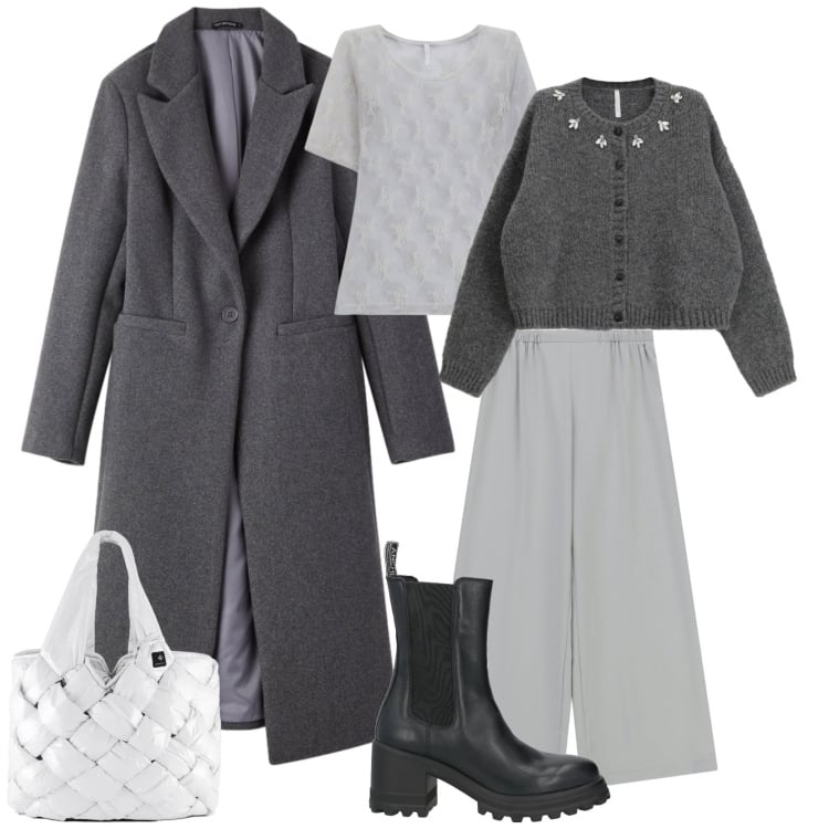 Outfit donna - Total look #2367222. Stile Bon Ton per Tutti i giorni. Abbinamento con stivaletti, cappotti, t-shirt, pantaloni a palazzo, cardigans, borse tote.