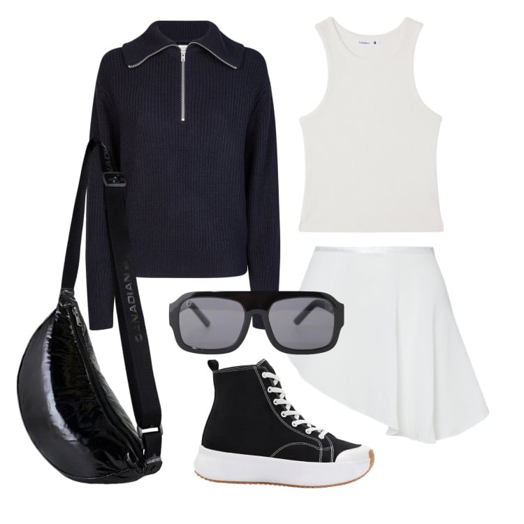 Outfit donna - Marzo. Stile Sporty chic per Tutti i giorni. Abbinamento con sneakers alte, canottiere, occhiali da sole, borse a tracolla, minigonne, maglieria.
