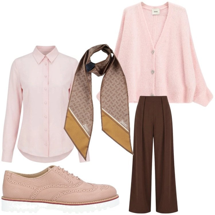 Outfit donna - Marzo in rosa. Stile Mannish per Tutti i giorni. Abbinamento con scarpe stringate, sciarpe, pantaloni a palazzo, camicie, cardigans.