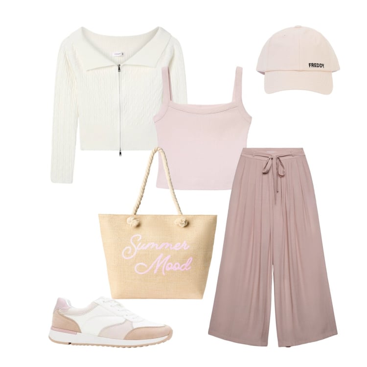 Outfit donna - Relax in rosa. Stile Sporty chic per Tutti i giorni. Abbinamento con sneakers, borse tote, maglieria, pantaloni, canottiere, cappelli con visiera.