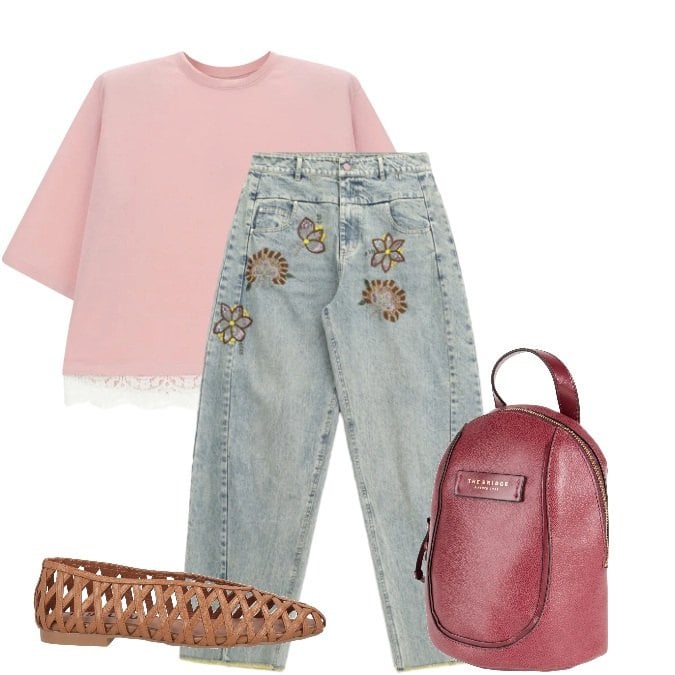 Outfit donna - Il Rosa. Stile Glamour per Tutti i giorni. Abbinamento con zaini, ballerine, t-shirt, jeans.