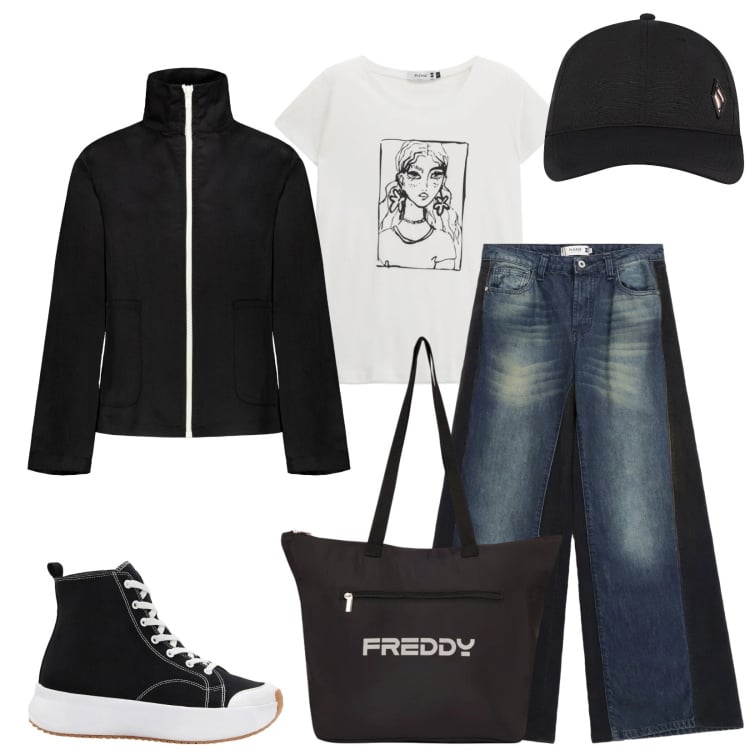 Outfit donna - Total look #2367254. Stile Urban per Tutti i giorni. Abbinamento con sneakers alte, cappelli con visiera, jeans a zampa, t-shirt, shopping bag, blazer.