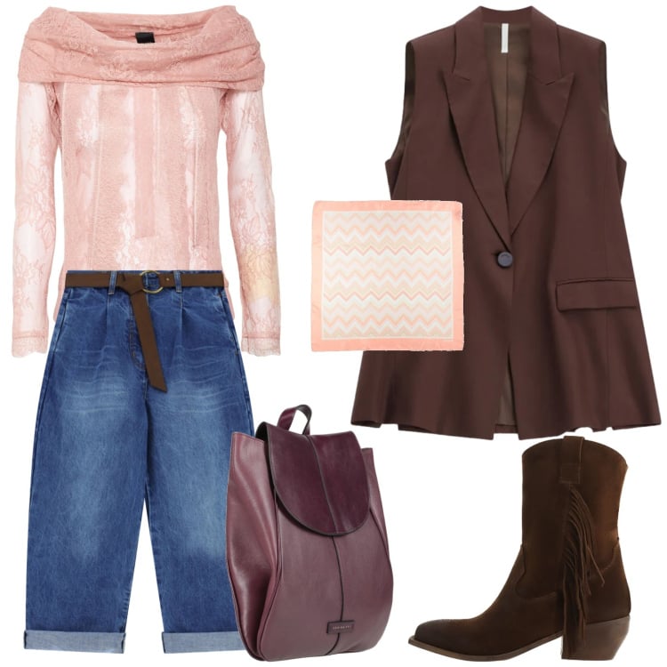Outfit donna - Body e smanicato. Stile Trendy per Tutti i giorni. Abbinamento con sciarpe, zaini, body, gilet, stivali, jeans.
