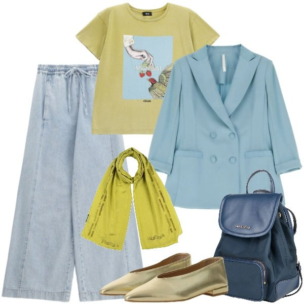 Outfit donna - Look da weekend primaverile. Stile Trendy per Tutti i giorni. Abbinamento con zaini, sciarpe, blazer, ballerine, jeans, t-shirt.
