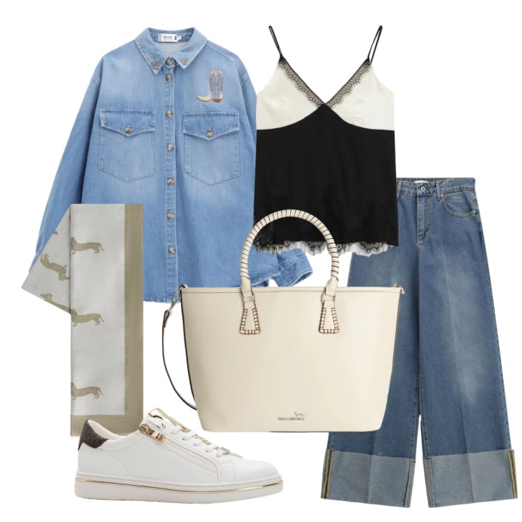 Outfit donna - Marzo. Stile Trendy per Tutti i giorni. Abbinamento con sneakers, shopping bag, sciarpe, camicie, top, jeans.