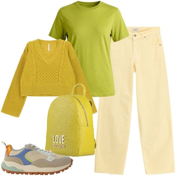 Outfit donna - Look da weekend primaverile. Stile Sporty chic per Tutti i giorni. Abbinamento con zaini, t-shirt, maglieria, sneakers, jeans.