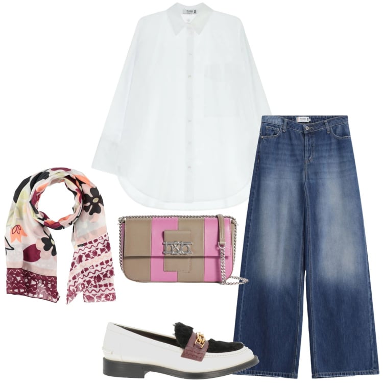 Outfit donna - In città. Stile Casual per Ufficio. Abbinamento con mocassini, sciarpe, borse a spalla, jeans, camicie.