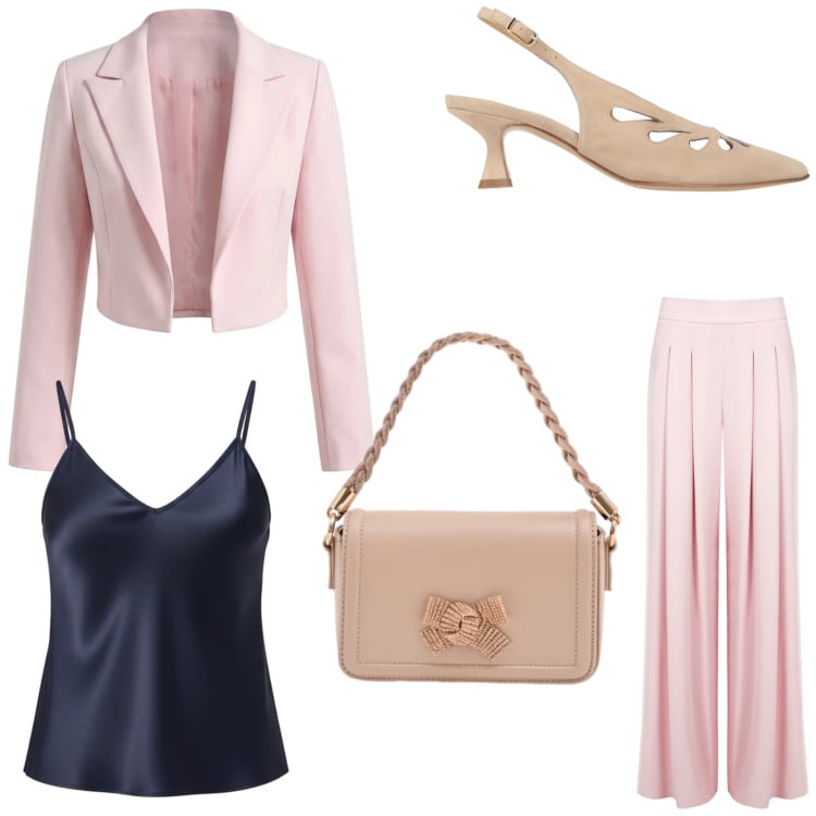 Outfit donna - Stilosa e femminile. Stile Bon Ton per Cerimonia. Abbinamento con décolleté, pantaloni a palazzo, canottiere, pochette, bolero.