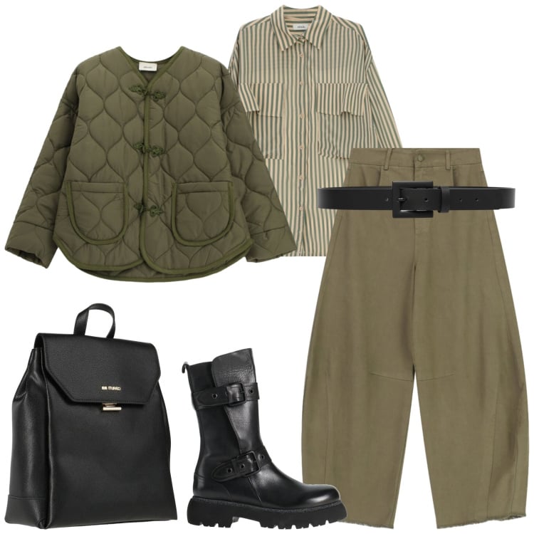 Outfit donna - Verde foresta. Stile Military per Tutti i giorni. Abbinamento con stivaletti, zaini, cinture, giacche, pantaloni a palazzo, camicie.