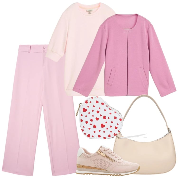 Outfit donna - Marzo=rosa. Stile Romantica per Tutti i giorni. Abbinamento con blazer, sneakers, felpe, pantaloni, portafogli, borse a tracolla.